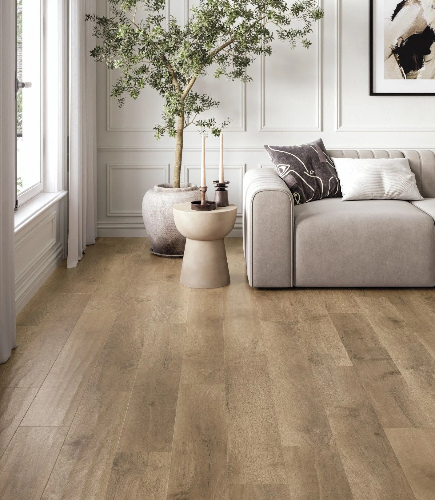 Warm oak flooring beneath a calm, softly furnished living room